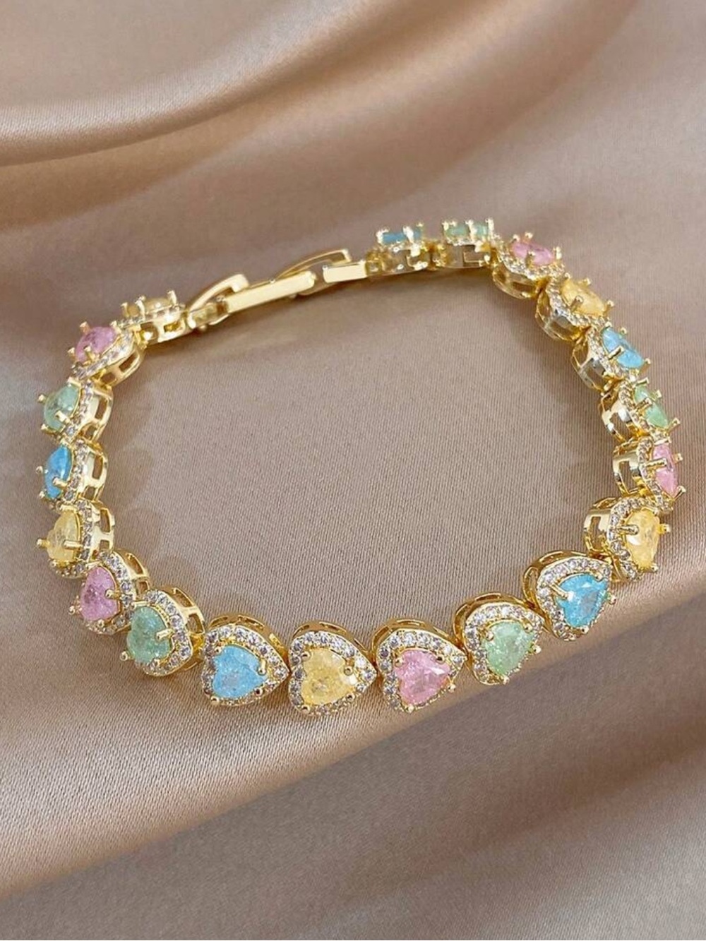 Gold-Plated Heart Bracelet with Pastel Multi-Color Stones